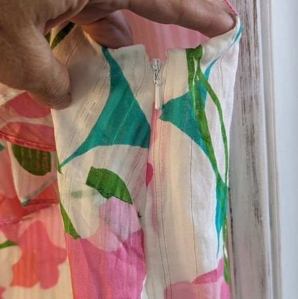 Lilly Pulitzer COTTON Ruffled Flirty Pink Green Floral Print Sleeveless Blouse S - Picture 13 of 15